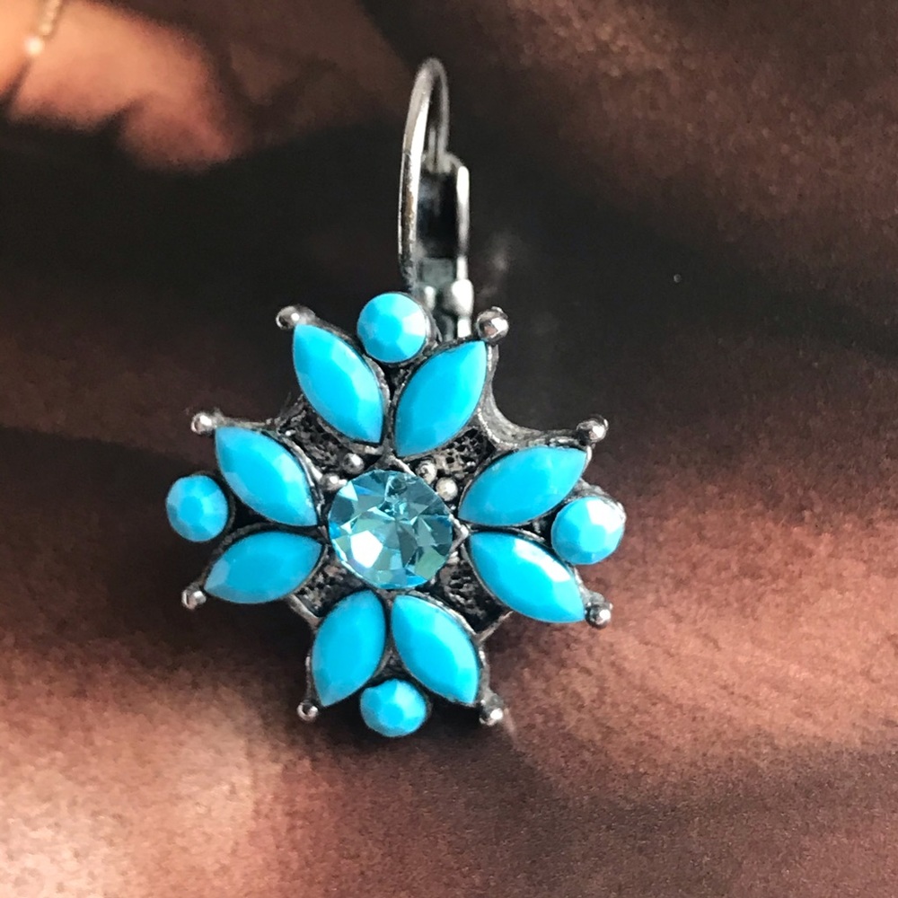 Antiquated Silver Turquoise Blue Rhinestones Earrings